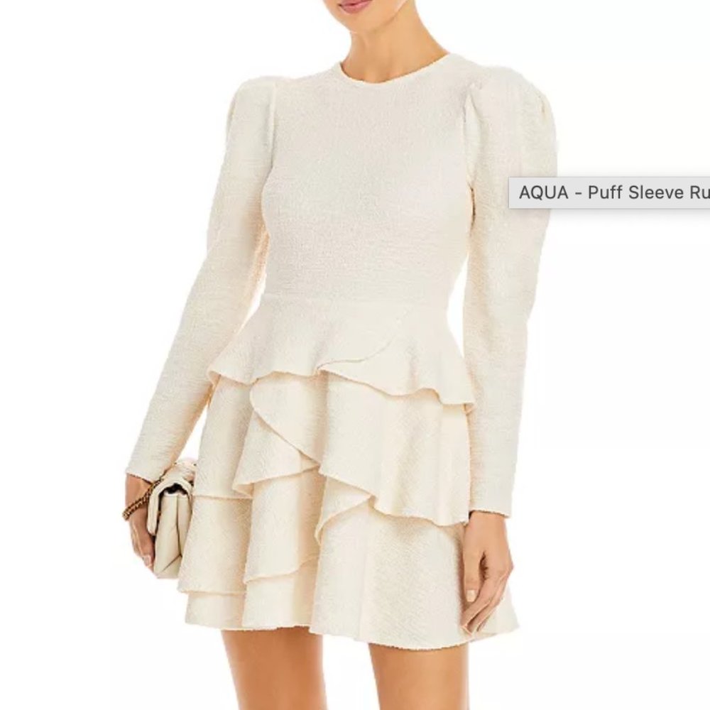 Aqua Puff Sleeve Ruffle Bottom Dress